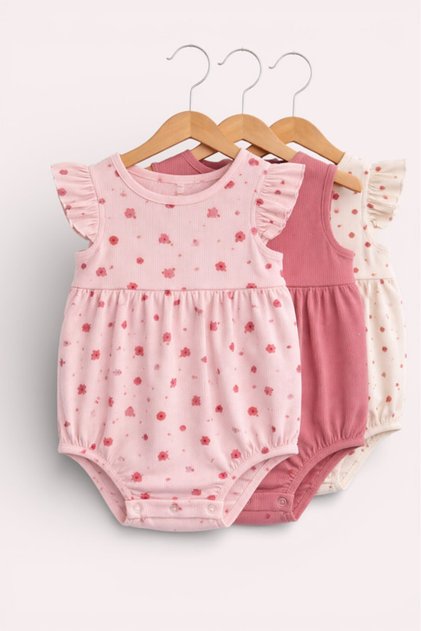 Baby Girls Floral Ribbed Bodysuit Rompers – Pack of 3 (Pink & Neutral Tones)