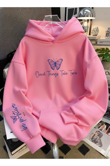 Unisex Butterfly Printed 3 Thread Hooded Sweatshirt
