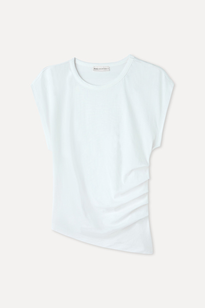 Women's Off-White Fitted Gathered Waist Asymmetrical Cut Low Sleeve Blouse