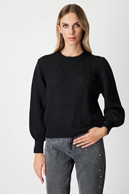 Women's Pearl and Diamond Patterned Black Sweater 63316