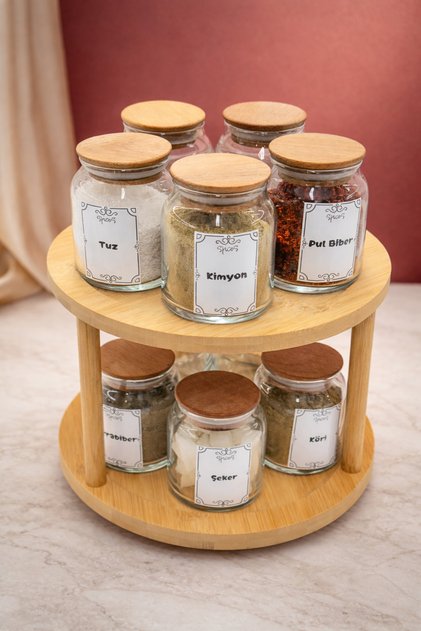 Rotating Bamboo Stand Vacuum Sealed Glass Spice Jar Set 290Cc (9*7cm) Jar Storage Container Set