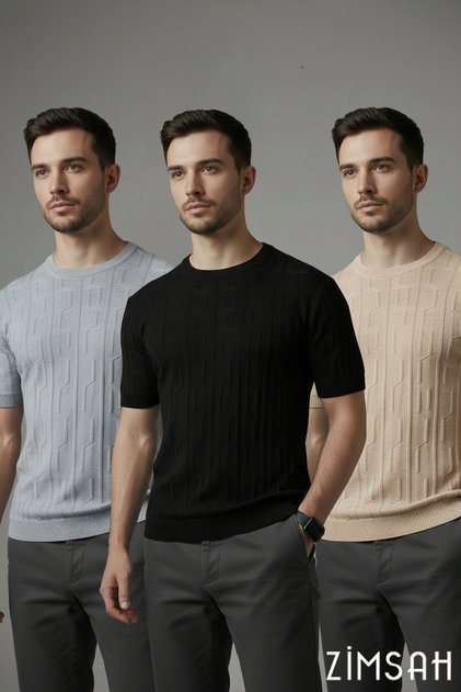 Men's 3-Piece Short Sleeve Knitwear T-Shirt Crew Neck T-Shirt Textured Beige Black Gray