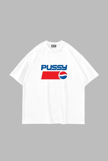 Pussy Baskılı Oversize Unisex Beyaz Tshirt