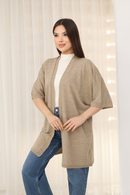 U Shawl Collar Short Sleeve Simple Basic Midi Length Seasonal Knitwear Cardigan
