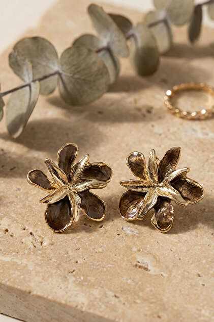 Gold 2-Piece Floral Brown Enamel Earrings