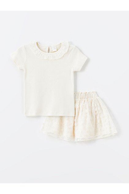 Ecru Crew Neck Short Sleeve Baby Girl Blouse and Skirt 2-Piece Set
