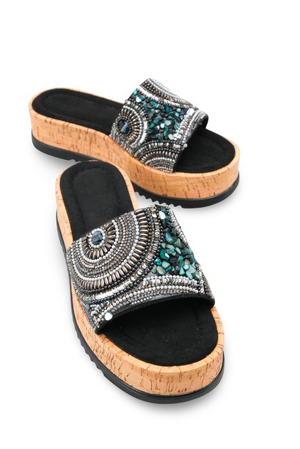 Flarelle Black Blue Stone Women's Natural Stone Look Colorful Bead Embroidery Detailed Casual Comfortable Sole Stylish Slippers
