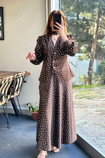 Pearl Buttoned Polka Dot Satin Skirt Set