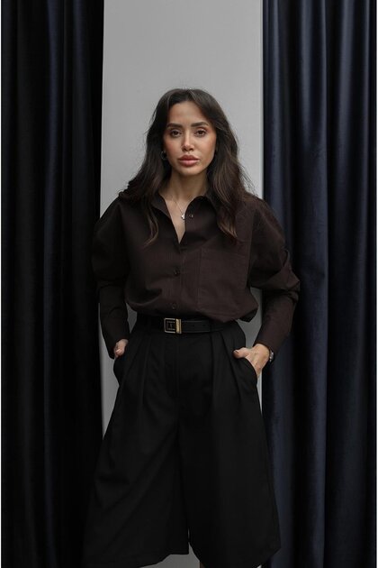 Καφέ πουκάμισο oversize με μία τσέπη