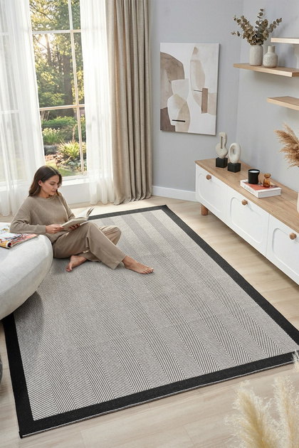 Elizabeth Sisal Plus Bej Siyah Jut Halı Havsız Ve Toz Yapmaz Hasır Dokuma Halı