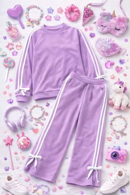 Girl's 4-16 Years Old Striped Detailed Ribbon Tracksuit Set Cotton