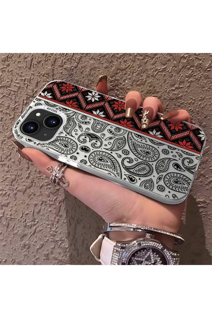 iPhone 14 Plus Compatible Kilim Patterned Silicone Edge Hard Back Anti-Fall Phone Case