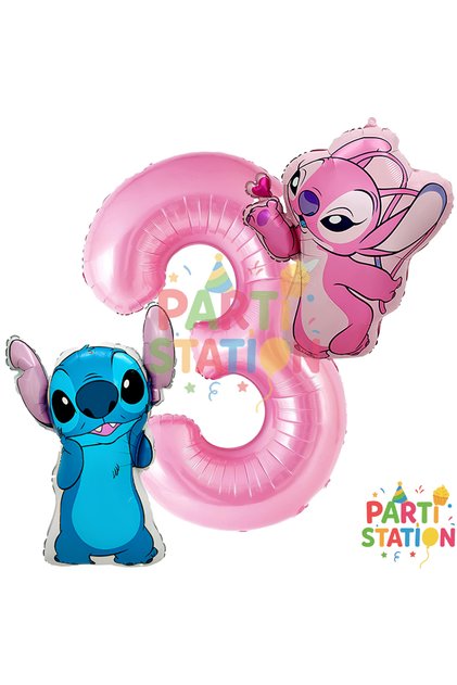 Stitch and Angel Balloon 3Rd Birthday Set Pink Number 3 Foil Balloon & Party Decoration
