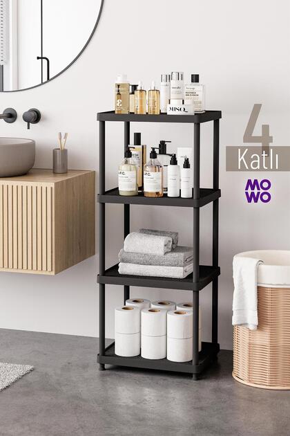 4-Tier Black 40X33 Plastic Bathroom Shelving System, Kitchen Shelf, Pantry, Bookshelf Multi-Purpose Organizer