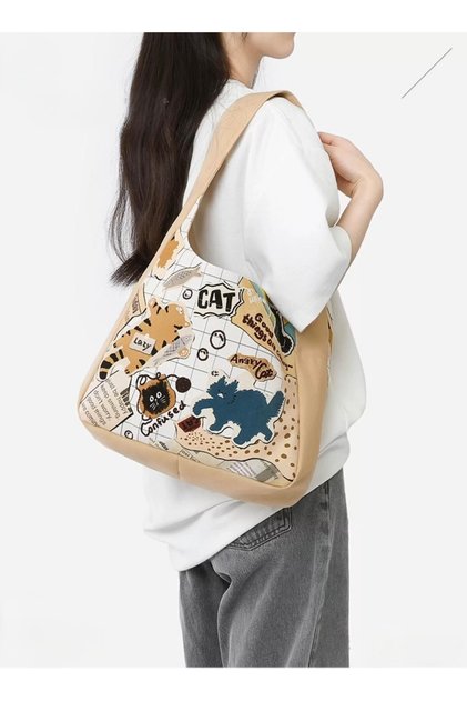 Cat Written Patterned Functional Design Shoulder Bag for Daily Travel Use