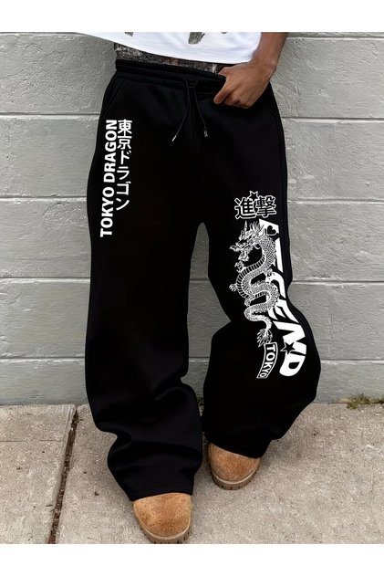 Unisex Tokyo Dragon Printed Baggy Cut Wide Leg Sweatpants
