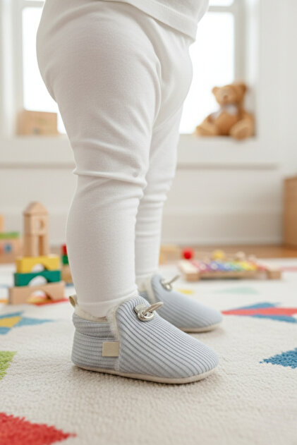 Fitilli Gri Triko, Peluş Astarlı, Kaydırmaz Tabanlı, Lastikli Bebek Patiği Ev Botu Panduf