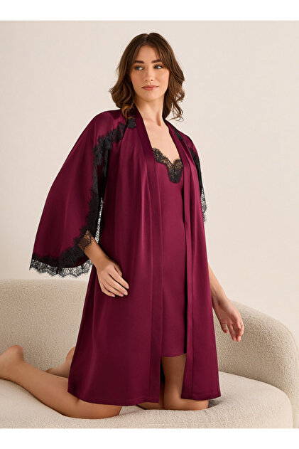 Mini Slip Dress and Robe Lace Trim Detail
