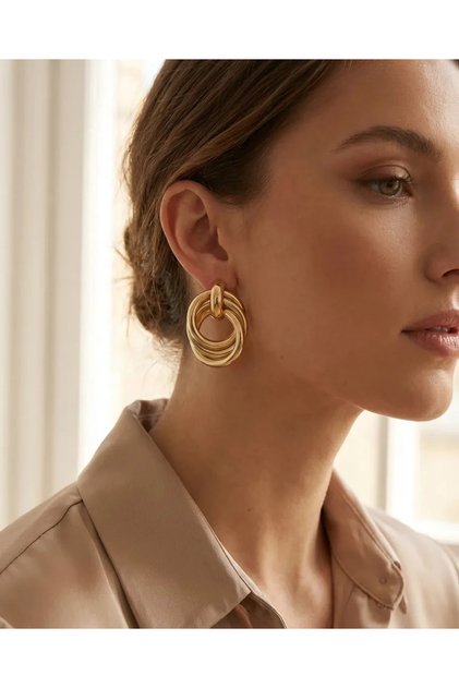 Brass Gold Color Spiral Ring Model Vintage Women's Earrings Stylish Non-Tarnish Jewelry