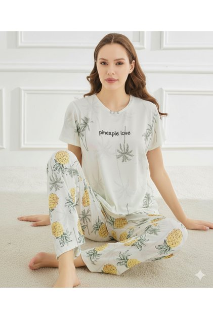 Women's Short Sleeve Crew Neck 100% Cotton Pineapple Pattern Pajama Set