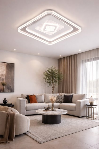 Favori LED Plofonyer Avize | 3 Renk Işık | Modern Kare Salon Avizesi