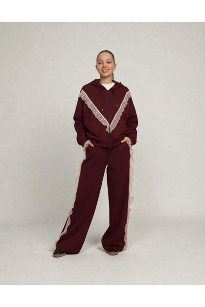 Girls Aged 09-15, 2-Striped Guepulated Pants Sweat Suit - Bordo