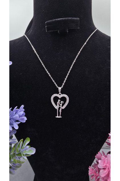 Silver Color Steel Non-Tarnish Necklace with Zircon Stone and Heart with a Lover Figure Inside