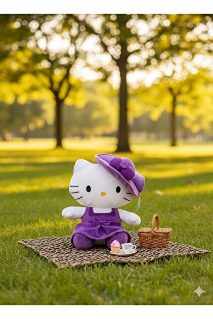 Lisanslı Şapkalı ve Kıyafetli Oyuncak Hello Kitty Peluş 36 Cm Mor Renk