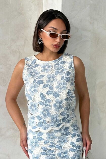 Lace Sleeveless Blouse - Blue | D2766 - Blue