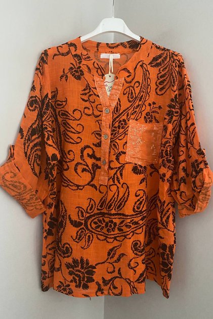 Women's Italian Orange Sequin Detailed Shawl Collar and Pocketed Shawl Leaf Pattern 3/4 Sleeve 100% Cotton Blouse