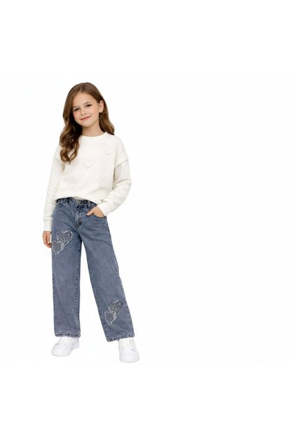 Girl's Wide Leg Patterned Elastic 100% Cotton Denim Trousers Palazzo