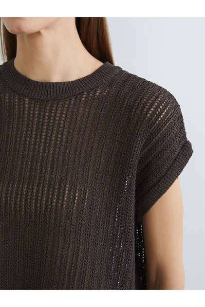 Brown Crew Neck Openwork Women's Knitwear Sweater