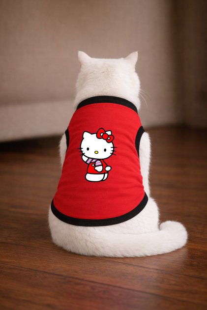 Red Hello K1 Printed Cat Tshirt Size L Cat Clothing (100% Cotton Combed)