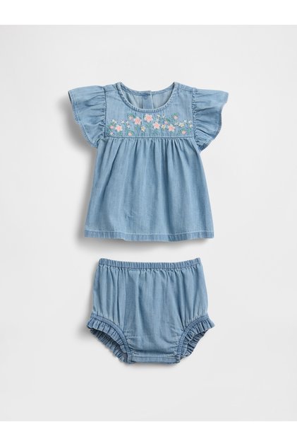 Bebek Mavi Denim İşlemeli Outfit Set
