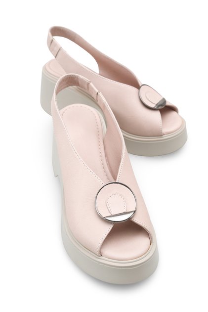 Galivina Beige Women's Genuine Leather Strappy Buckle Detailed Wedge Heeled Daily Comfortable Sole Stylish Sandals