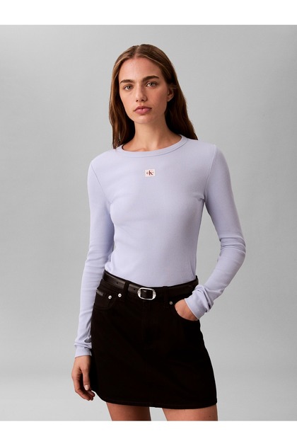 Kadın LS Woven Label Rib Örgü T-shirt