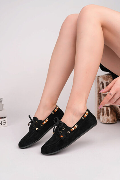 Women's Black Calf Suede Bead Detailed Loafer Daily Use Shoes Stc1240