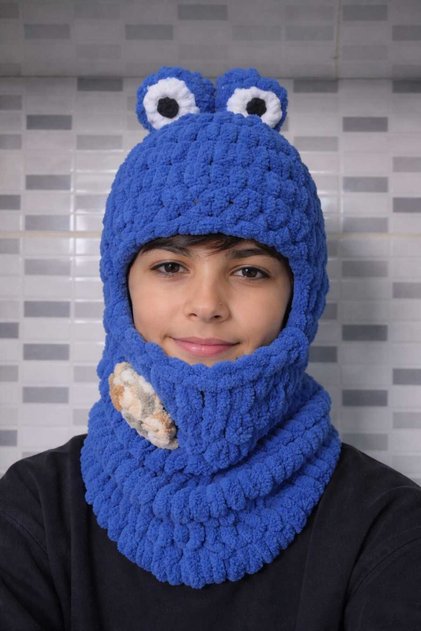 Puffy Blue Cookie Monster Hand Knitted Wegh Snow Mask Beanie & Muscle Cover Balaclava