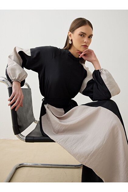 Modal Fabric Contrast Color Detail Hijab Dress - Black Stone - Black -