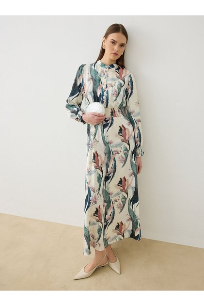 Floral Patterned Hijab Dress in Shiny Satin Fabric - Green Pattern -