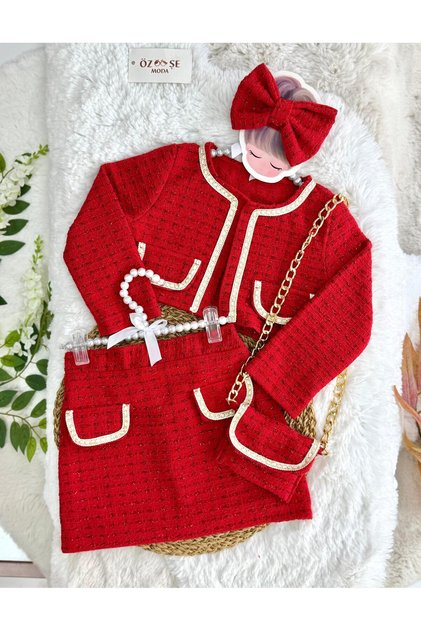 Red Tweed Jacket Skirt Set with Bag and Buckle