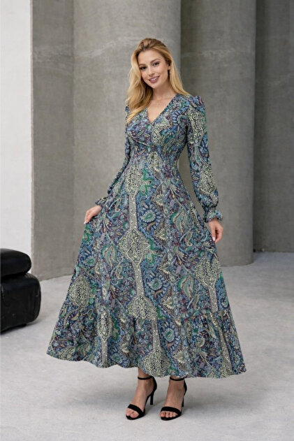 Modayakamoz New Season Women's Long Sleeve Patterned Maxi Single Jersey Holiday Dress- Trendyol Modayakamoz New Season Women's Long Sleeve Patterned Maxi Single Jersey Holiday Dress- Trendyol