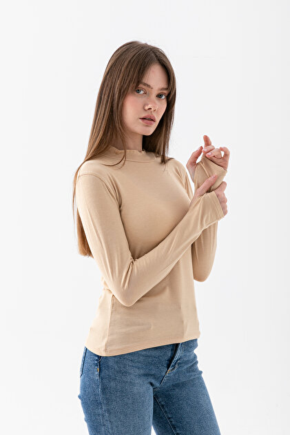 Kadın Bej Parmak Detaylı Body Uzun Kollu Esnek Kumaş Basic Body