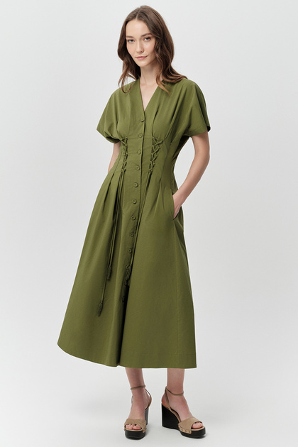 V-Neck Lace Detailed Waist-Fitted Regular Midi Dress with Pockets