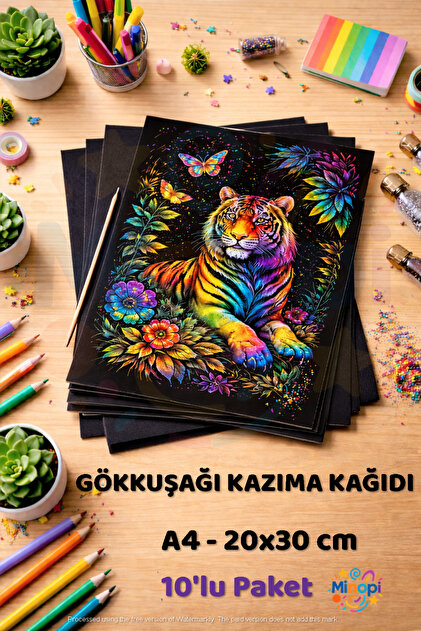 A4 Gökkuşağı Kazıma Kağıdı 10'lu Okul Etkinliği | Ahşap Kalem Scratch Art Boyama Seti