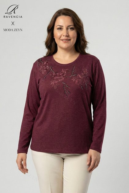Women's Burgundy Tree Patterned Stoned Slit Lycra Wool Viscose Mother Combed Cotton Blouse