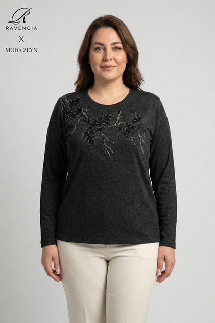 Women's Black Tree Patterned Stoned Slit Lycra Wool Viscose Mother Combed Cotton Blouse