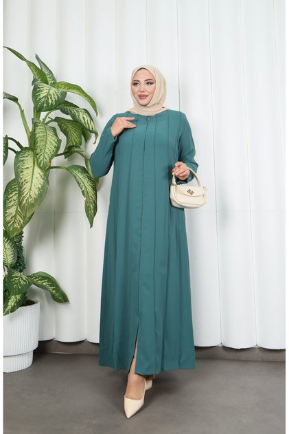 Detailed Partial Long Zippered Coat in Mint Green HNT7098