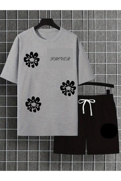 Urban Flower Printed Unisex Modern Street Collection Oversize T-Shirt & Shorts Combination