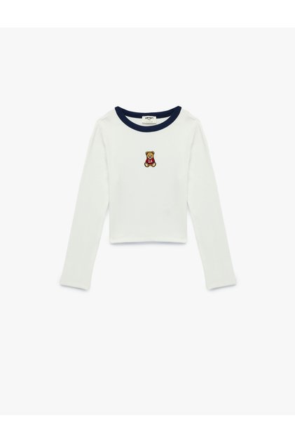 Long Sleeve Crew Neck Cotton Crop T-Shirt with Teddy Bear Embroidery Detail